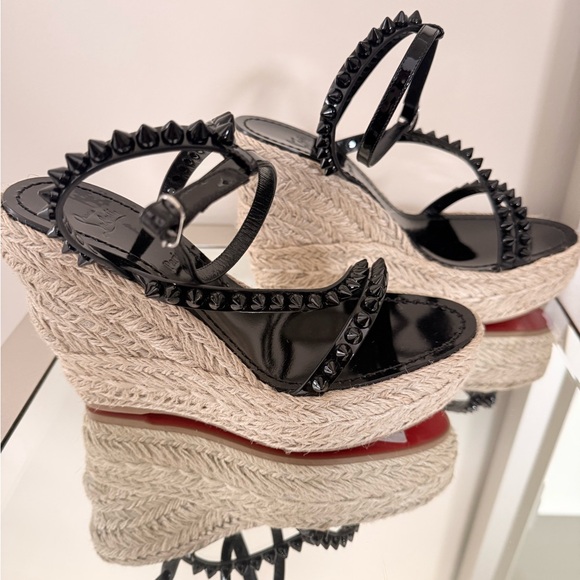 Christian Louboutin Mafaldina Wedge Espadrille Sandals Black/Tan Size 38 New - Picture 8 of 11